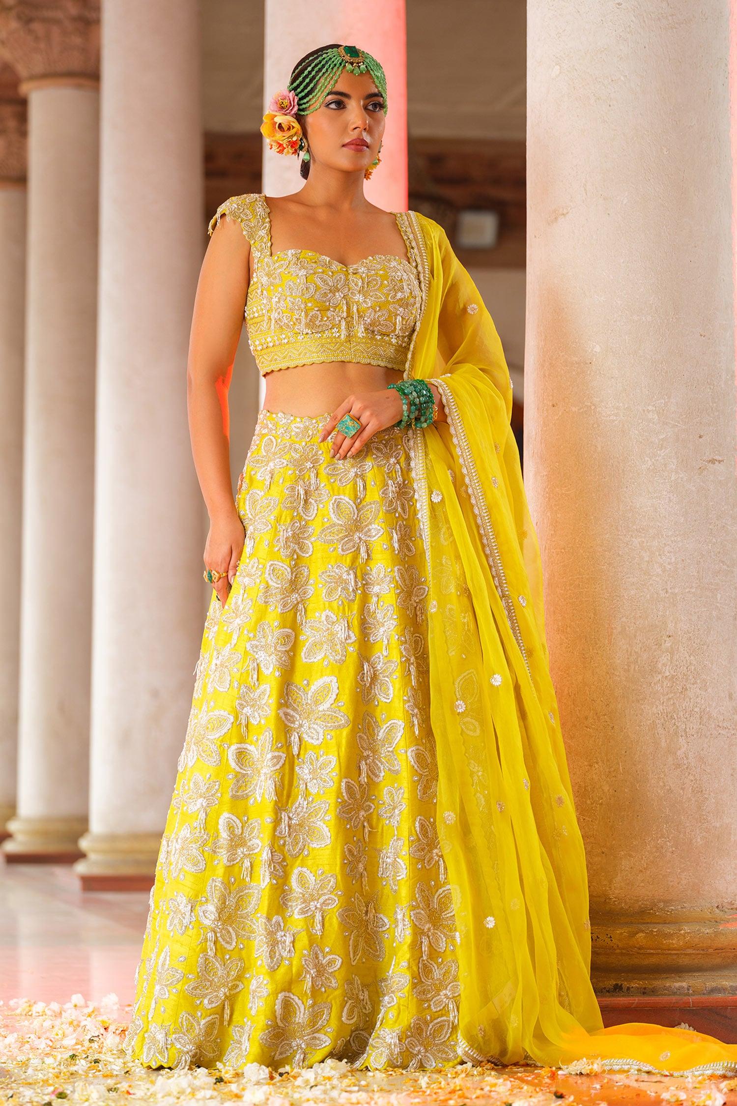 Yellow Silk, Organza Embroidery, Cut Work Sweetheart Gullista Jaal Lehenga Set - Designer Kurta Set
