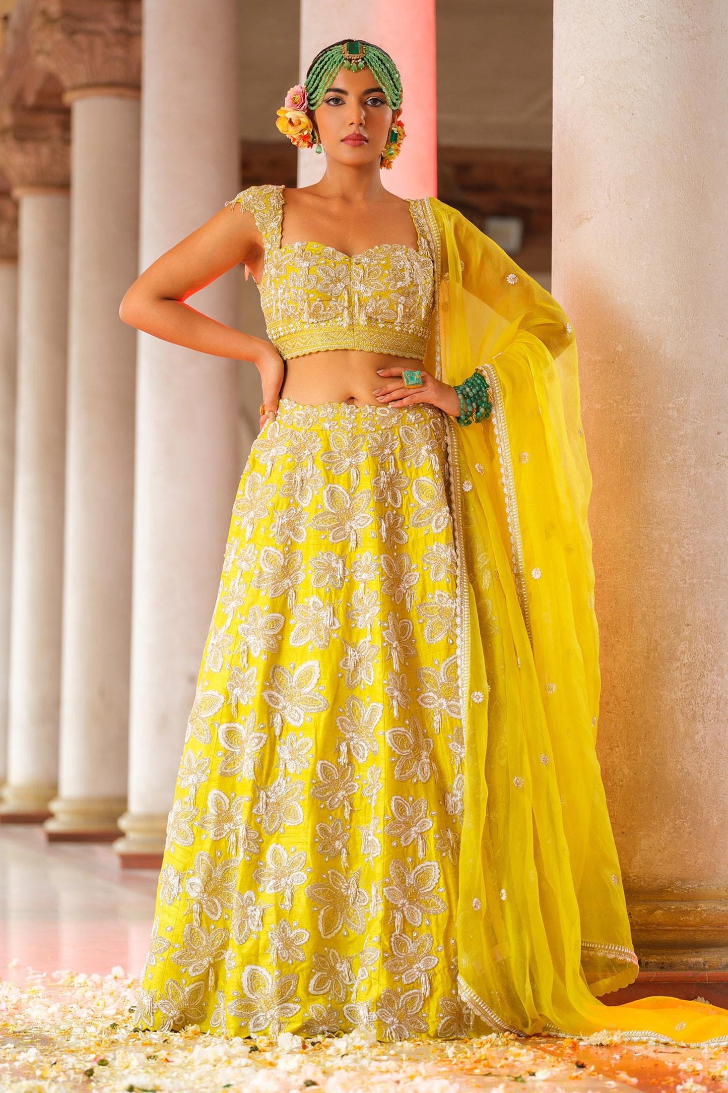 Yellow Silk, Organza Embroidery, Cut Work Sweetheart Gullista Jaal Lehenga Set - Designer Kurta Set