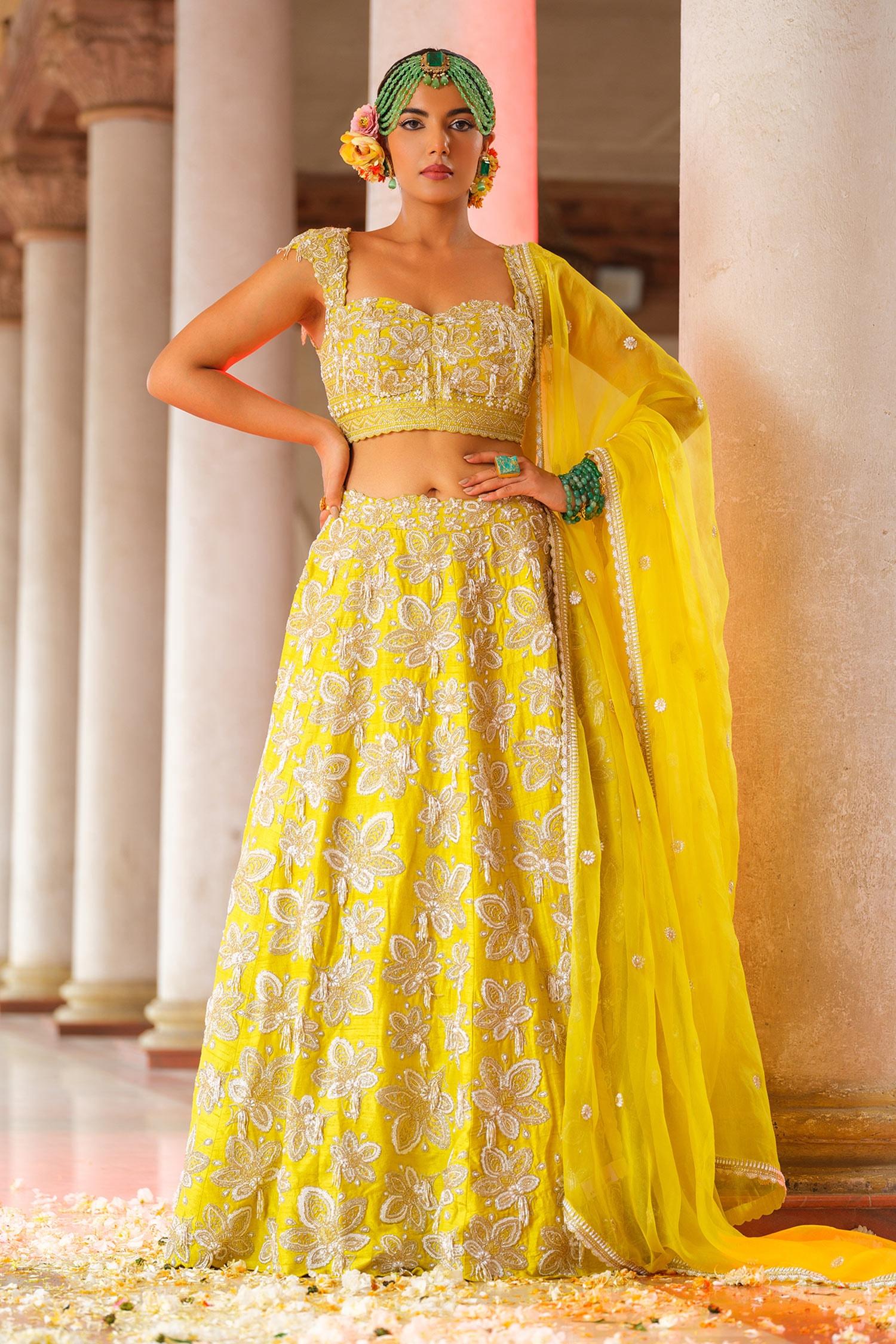 Yellow Silk, Organza Embroidery, Cut Work Sweetheart Gullista Jaal Lehenga Set - Designer Kurta Set