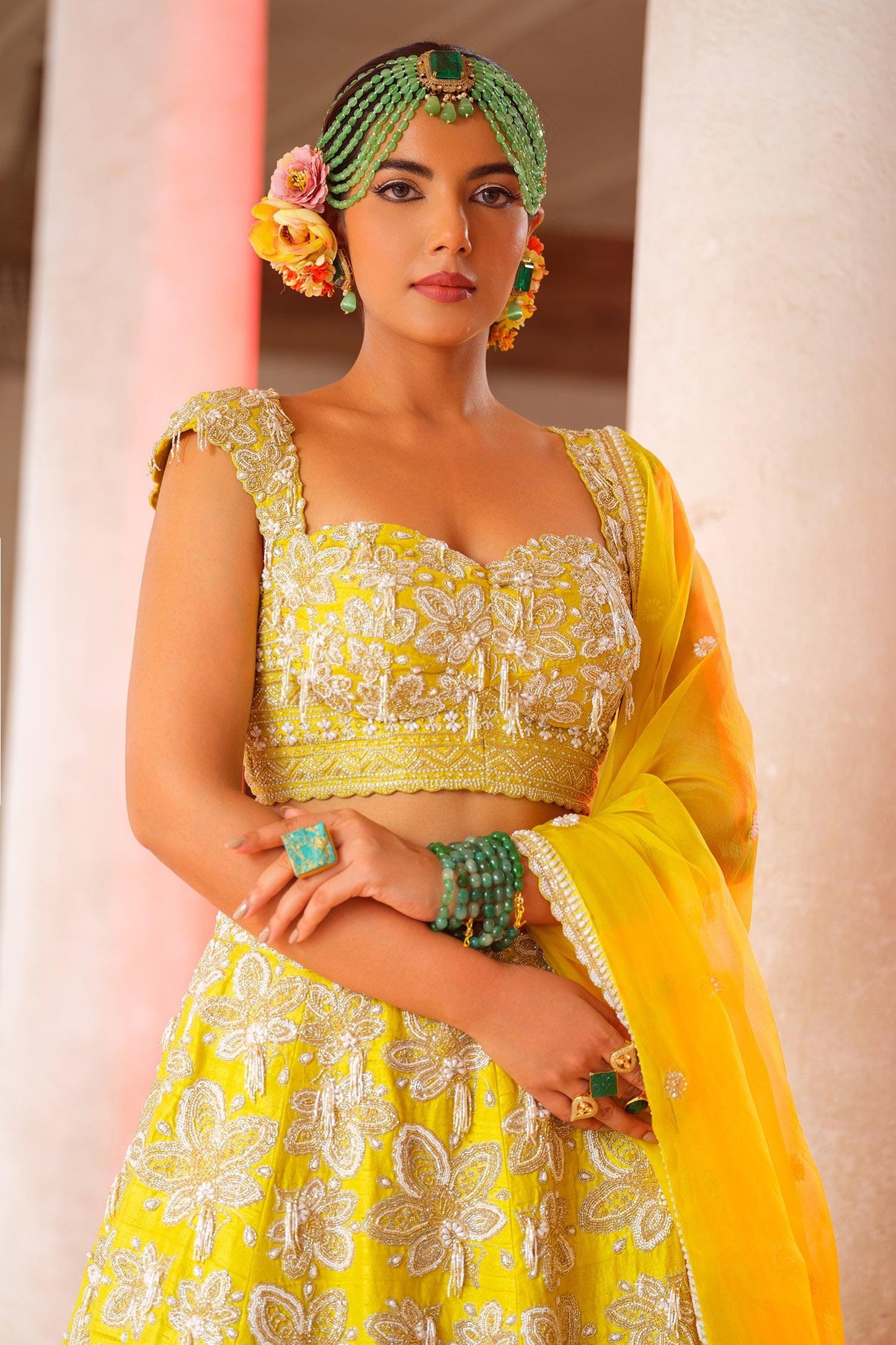 Yellow Silk, Organza Embroidery, Cut Work Sweetheart Gullista Jaal Lehenga Set - Designer Kurta Set